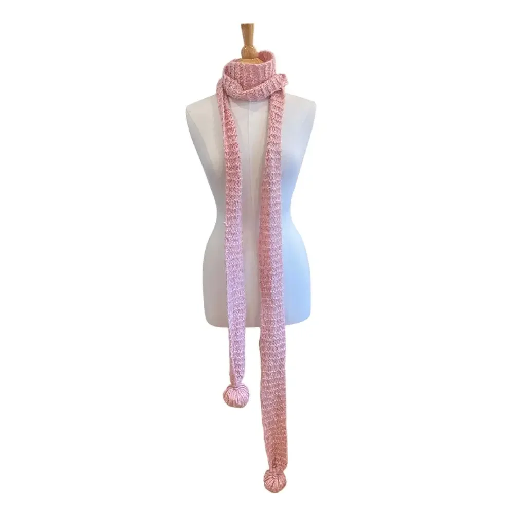 Vintage Y2K Old Navy Pink Crochet Extra Long Skinny Scarf with Pom Poms
